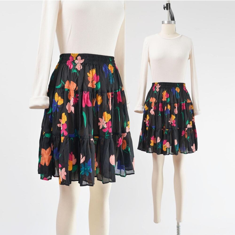 Vintage 90s Black Floral Tiered Peasant Boho Semi Sheer Full Mini Skirt XS S